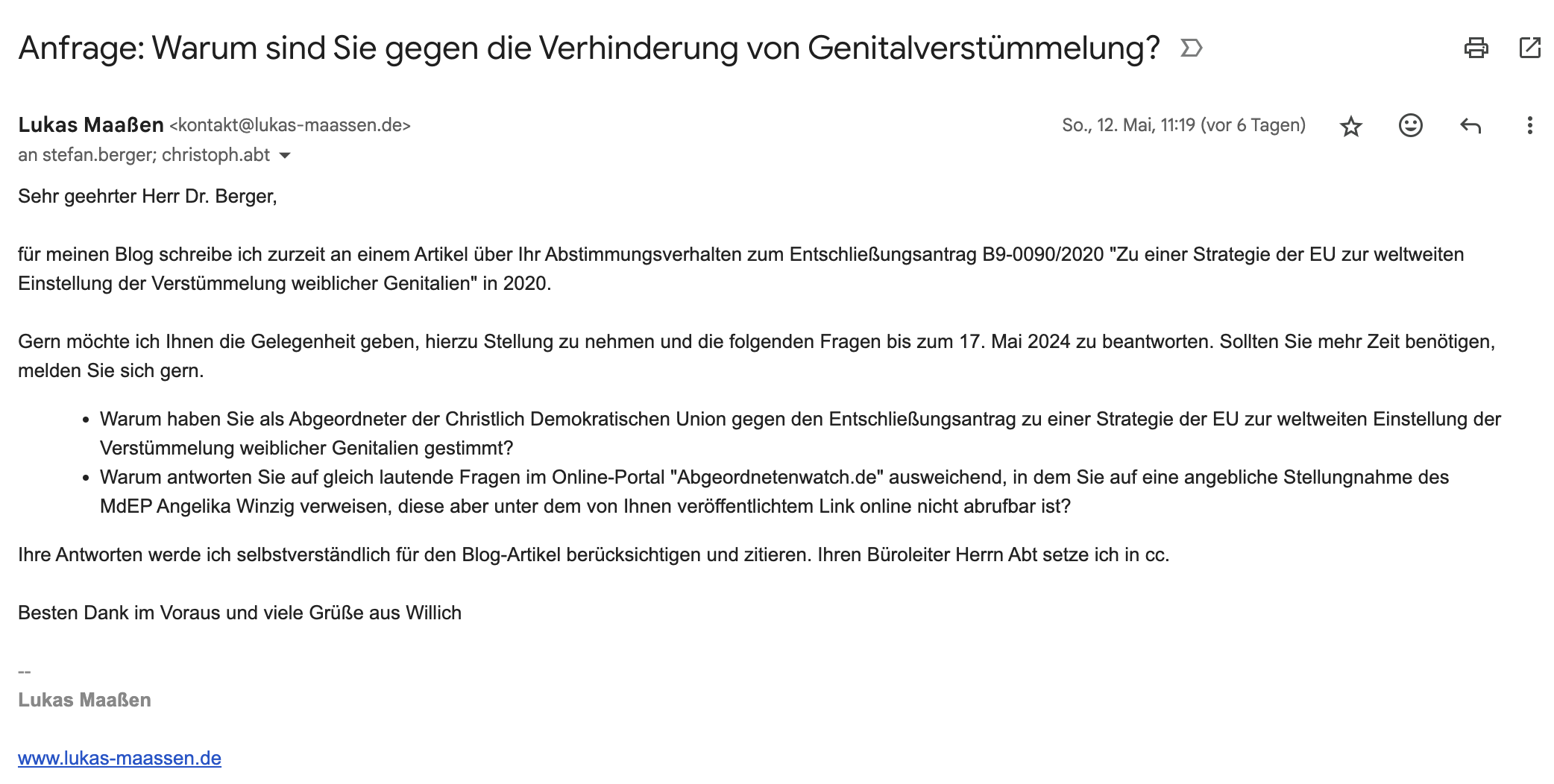 Anfrage per E-Mail an Stefan Berger, warum er gegen den Entschließungsantrag zur Einstellung der Genitalverstümmelung gestimmt hat.