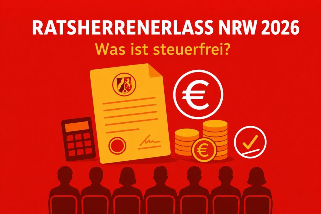 Illustration zum Ratsherrenerlass NRW 2026 mit Ratsmitgliedern, Erlass-Dokument und Euro-Symbolen